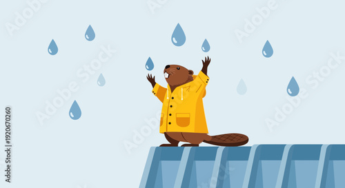 Joyful Beaver Experiencing Precipitation in a Waterproof Coat During Rainfall