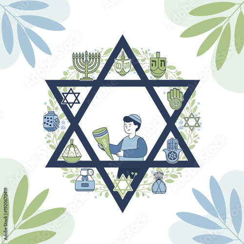 Jewish Culture Celebrations Illustrated Within A Star of David Symbol With Floral Accents
