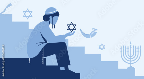 Jewish Heritage Symbols Person Contemplating Faith And Tradition On Steps
