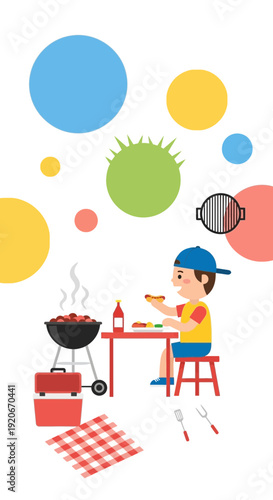 Joyful Boy Enjoying Outdoor Barbecue Picnic Fun Summer Activity