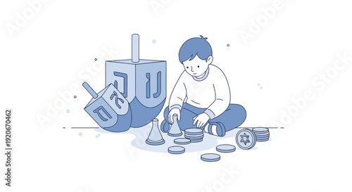 Joyful Boy Engaged In Traditional Game With Hanukkah Dreidel And Gelt