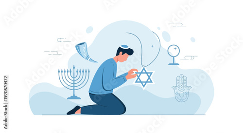 Jewish Man in Prayer with Religious Symbols Demonstrating Faith and Spirituality