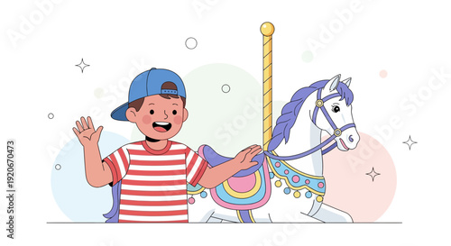 Joyful Boy Greets Carousel Horse On White Background