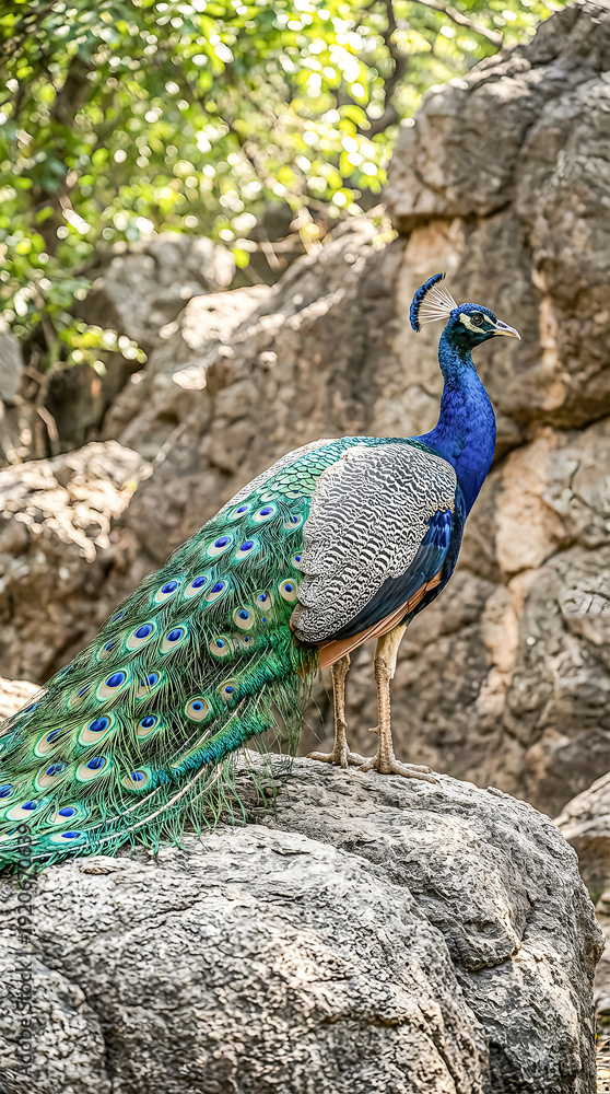 Fototapeta premium Blue Indian Peacock Standing Proudly on a Rock in Nature