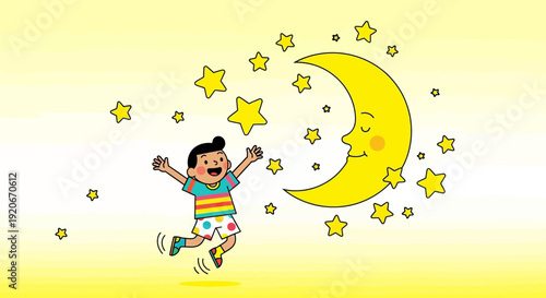 Joyful Boy Reaches For The Stars And The Smiling Moon In Delightful Illustration
