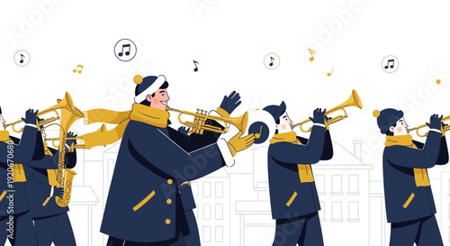 Joyful Brass Ensemble Performs Seasonal Melodies In Festive Winter Atmosphere