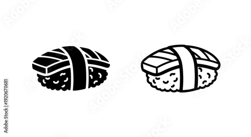 Nigiri sushi icon set: simple solid and outline illustrations of Japanese salmon sushi.