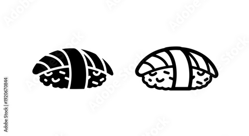 Two versions of sushi nigiri icons, black and white outlines for modern food branding and menus.