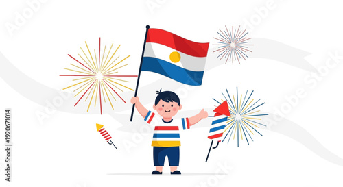 Joyful Celebration Of Paraguayan Culture With Child And Festive Fireworks Display