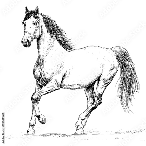 White horse trotting on grass with flowing mane in a field