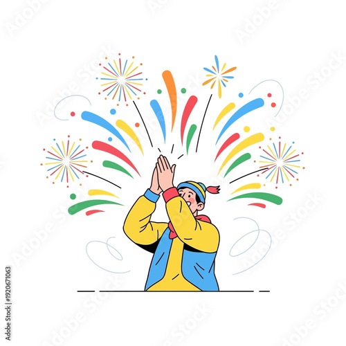 Joyful Celebration With Colorful Fireworks And A Person Clapping