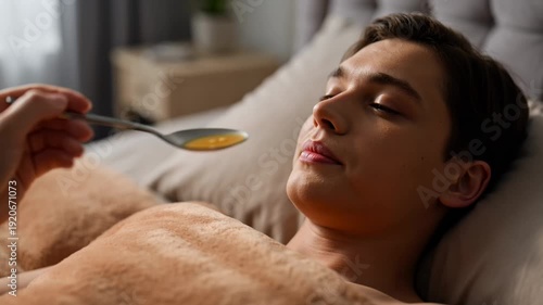 A shirtless young man relaxing in bed, enjoying a spoonful of honey in a peaceful morning moment