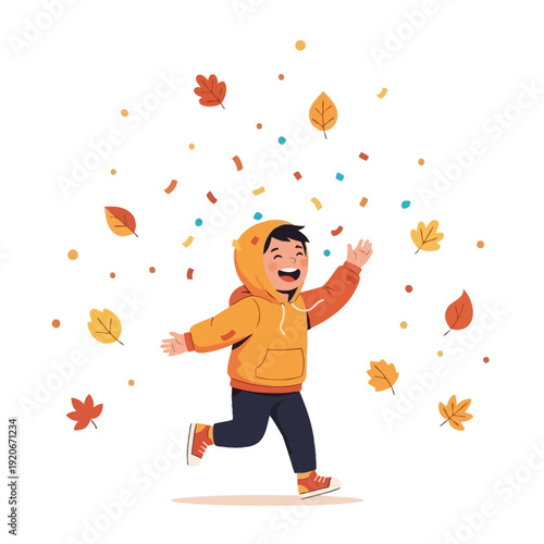 Joyful Child Basking in Autumnal Bliss Under a Shower of Colorful Falling Leaves and Confetti