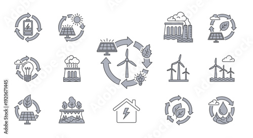 Renewable Energy and Green Technology Icons Set: Ecology and Sustainability Concepts