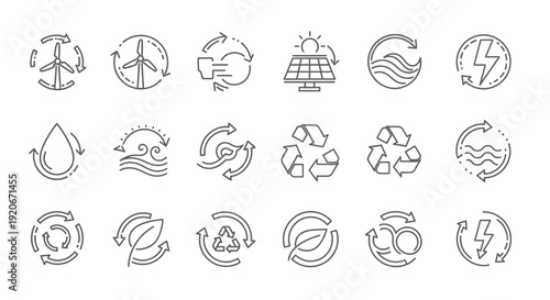 Renewable energy and recycling icons set. Sustainable power, eco-friendly resources, environmental protection line art.