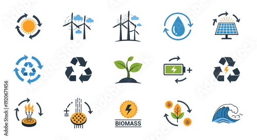 Renewable energy and recycling icons set. Sustainable power sources and eco-friendly symbols collection.