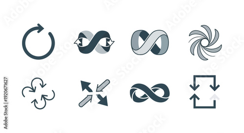 Set of loop, infinity, cycle, and rotation icons representing continuous processes and endless concepts
