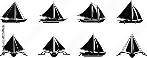 Collection of eight black sailing yachts with various sail configurations
