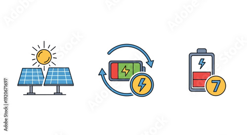 Solar energy and battery storage icons: renewable power, electric charging, and sustainable technology