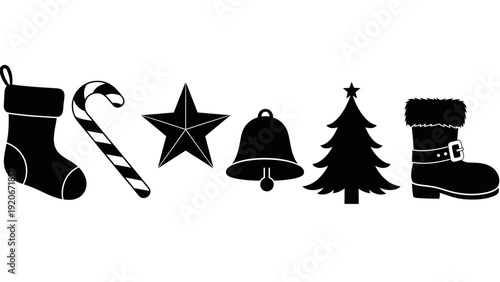 Christmas Icons Silhouette: Stocking, Candy Cane, Star, Bell, Tree, Boot