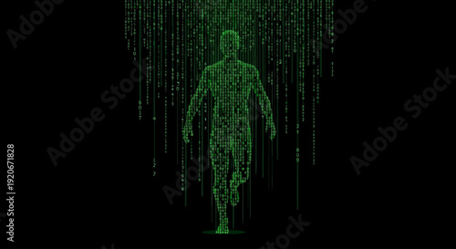 A futuristic digital human figure composed of green binary code stands amidst a dark digital environment with cascading code streams.