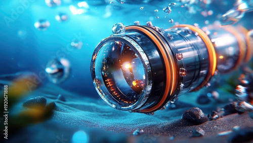 Futuristic underwater device with glowing orange accents, submerged in ocean depths, emitting light