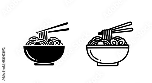 Bowl of Noodles with Chopsticks Icon: Black and Outline