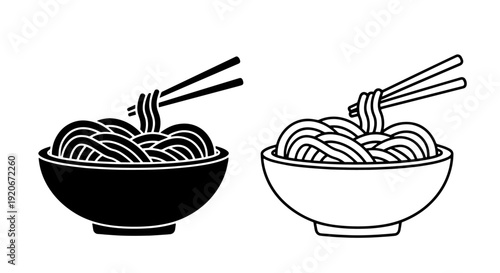Classic Noodle Bowl Icon with Chopsticks: Silhouette & Outline