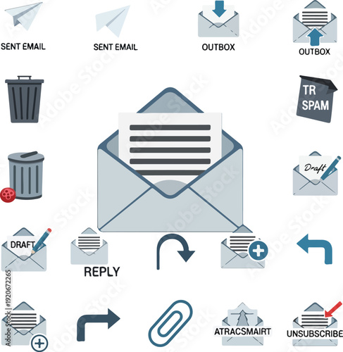 Email icons and symbols for communication and mailbox management