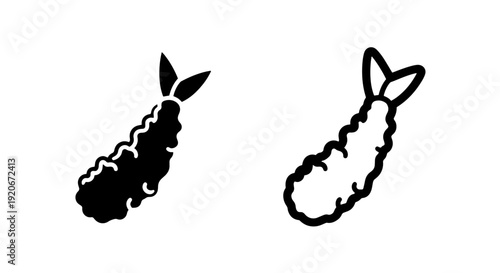 Clean Black and White Icons Representing a Single Piece of Tempura Shrimp