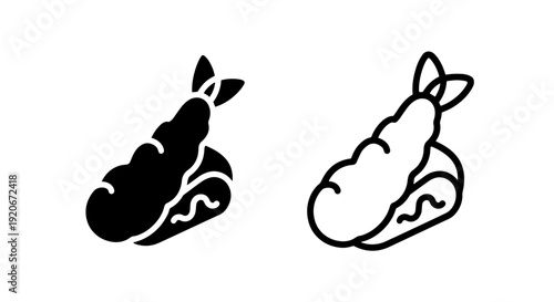 Simple Black and White Icons for Tempura Shrimp with Soy Sauce Dip