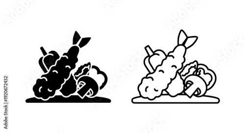 Black and White Icons of Tempura Shrimp with Vegetables and Soy Sauce