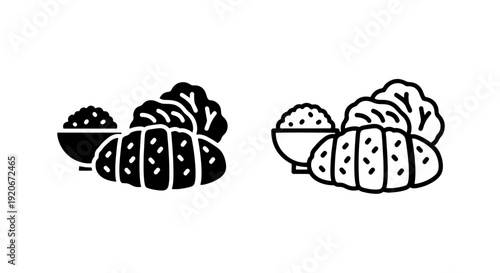 Black and White Icons: A Bowl of Rice, Croissant, and Lettuce