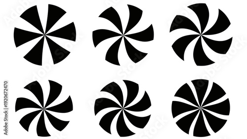 Abstract Swirls: Six Black and White Pinwheel Graphics on White Background