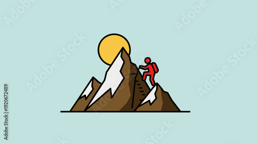 Adventurer climbing mountain peak at sunrise, symbolizing success and achievement.