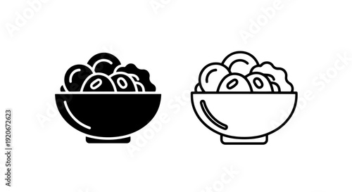 Icons showing a bowl filled with round food items, suggesting dumplings or meatballs in a simple graphic style