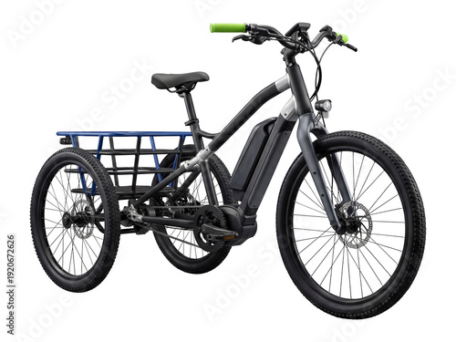 Electric trike with three wheels and a rear cargo basket.