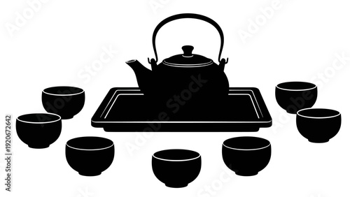 Black Silhouette Tea Set with Tray and Cups on White Background