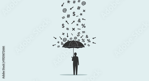 A person standing alone under an umbrella with financial symbols raining down around them