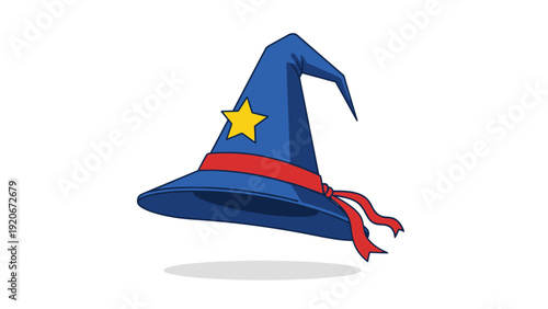 Blue Wizard Hat with Yellow Star and Red Ribbon, Magical Accessory