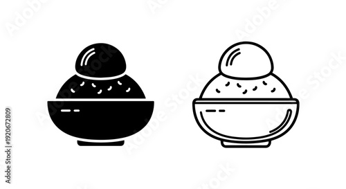 Rice bowl with topping icon set, simple asian food vector illustration, solid and outline styles