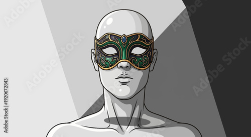 A person wearing a colorful masquerade mask is depicted in a grayscale illustration with a shadowy background