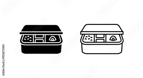 Sushi box icon set, japanese food take out vector illustration, solid and outline styles