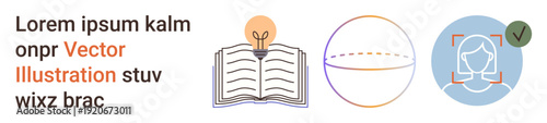 Education, creativity, identity verification, knowledge sharing, personal development, conceptual learning. Illustrated elements include a book with a light bulb, minimalist globe, and verified human