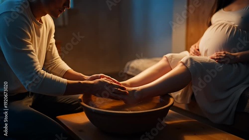 A pregnant woman receives a relaxing foot massage from her partner in a warm and intimate setting
