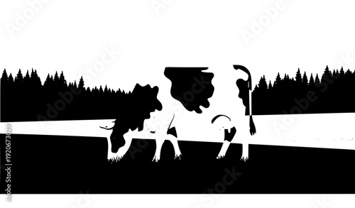 Cow grazing in field with tree line silhouette vector