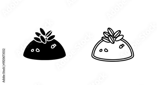 Stylized icon of food with leaves and circles, solid and outline versions
