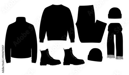 Men’s blue winter clothing and accessories vector set
