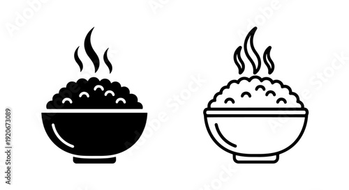 Steaming bowl of rice, illustrated with heat waves, solid and outline icons