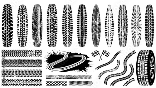 Tire tread marks after skidding, launch, drift, powerslide in motorsport, rally, off-road, motocross. Wheel texture with splash effect. Vector, transparent background SVG version.